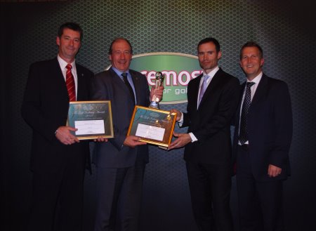 John Clark receives the 'Supplier of the Year' Award for PING, a category sponsored by GBN and GBD magazine with Steve Carter (left), the commentator  Andrew Cotter centre and Andy Martin, Foremost Director (right)