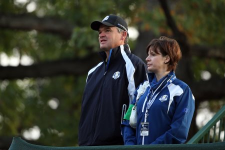 Paul and Marian Lawrie of Team Europe watch the action in ther ProQuip weatherwear