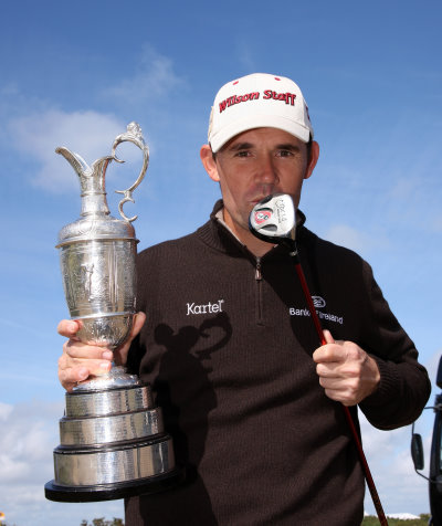 Padraig Harrington with the Claret Jug and his Wilson Staff FYbrid 5-wood that he used to seal Open victory in 2008