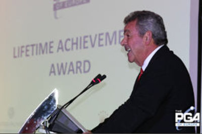 Tony Jacklin CBE speaks whilst receiving his Lifetime Achievement Award at this year's Annual Congress Gala Awards Dinner