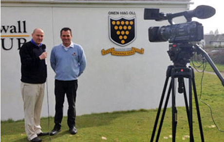 Simon Wood, Cornwall county golf development officer (left), interviews Jason Broadway, head professional at West Cornwall Golf Club