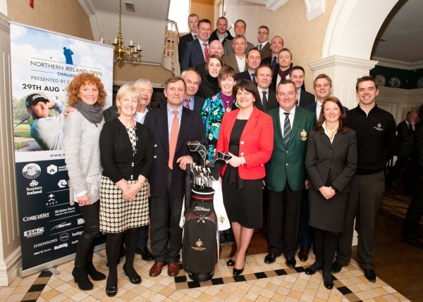 (Top to Bottom; Left to Right) Richard Stratton (Alpha Newspaper Group), Aaron Klewcheuk (Ballyprint.com), Jonathan Verner (Costcutter), Paul Thompson (Just Treats Golf), John Shortt (Golf Digest Ireland), Brian Hood (BS Holdings), Ian Fitzpatrick (Blackstar Sports), Neil Cooke (Ulster Bank), Rebecca Laird (Laird Grass Machinery), John McMahon (Johnsons Law), Draven McConville (Gravity), Kitty Crawford (XJET), Morris Crawford (XJET), Melvyn Ennis (Clannah Natural Energy), Lisa Robinson (Causeway Coast & Glens), Aidan Donnelly (Ballymena Borough Council). Paul Frew MLA, Mark Aspland (European Tour), Alison Beggs (Lady Captain, Galgorm Castle), Christopher Brooke (Galgorm Castle), Tourism Minister Arlene Foster MLA, Ivan McCappin (Captain, Galgorm Castle), Beth Swindlehurst (Galgorm Resort & Spa), Gareth Shaw (Galgorm Castle’s Touring Professional