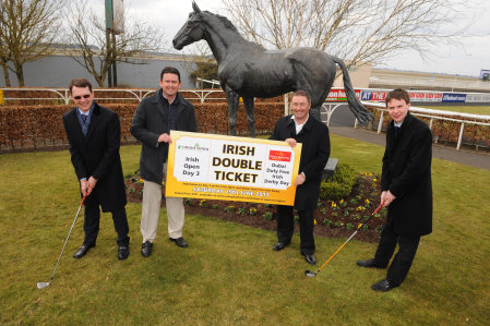 (L-R): Champion Irish trainer Aidan O’Brien, European Tour Champions Peter Lawrie and Damien McGrane and Aidan’s Derby-winning son, jockey Joseph O’Brien