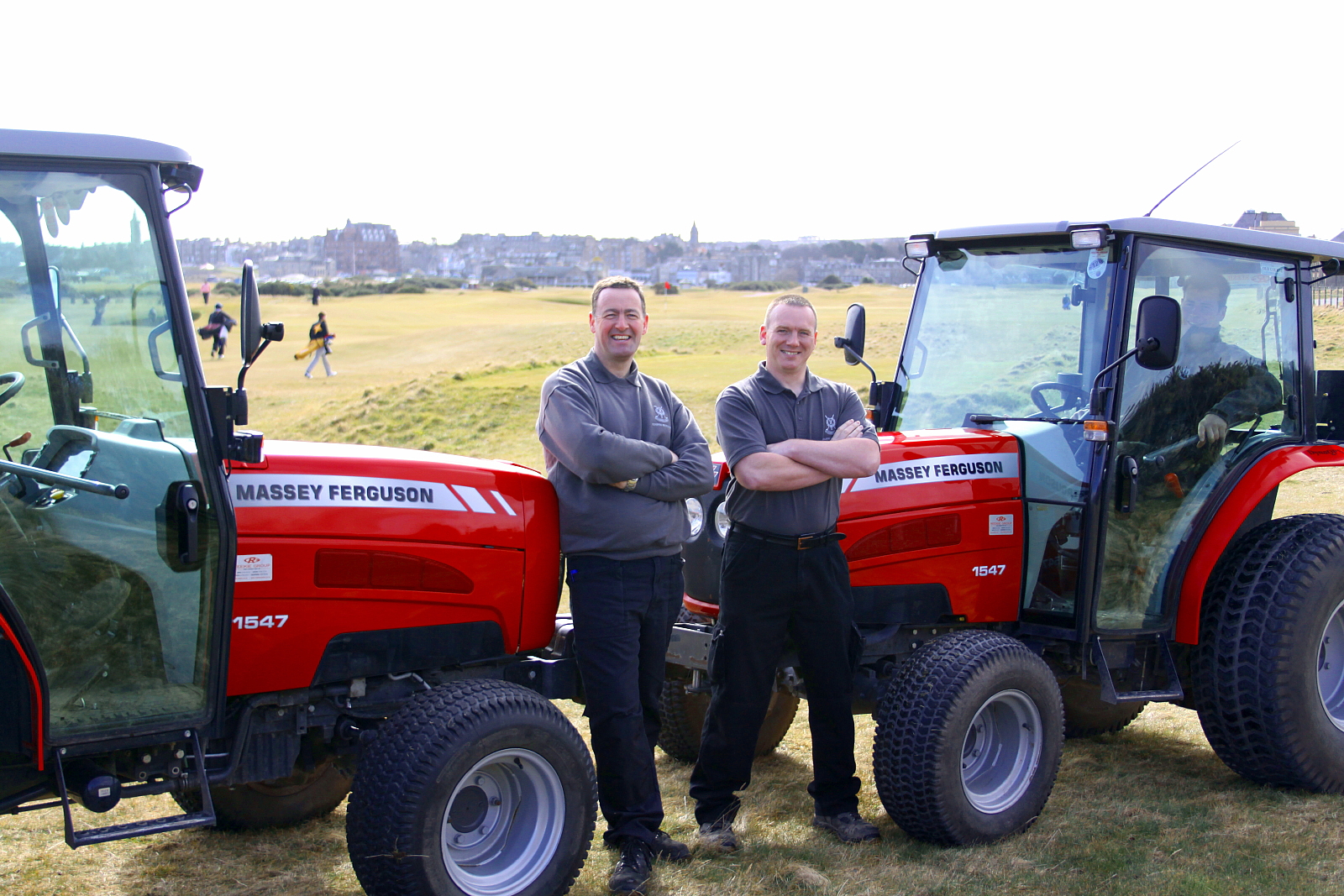 St Andrews Links’ course managers, Gordon McKie (left) and Kevin Muir, with their MF 1547 compact tractors, used primarily on the Old Course and the Eden, Strathtyrum and Balgove Courses respectively