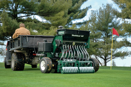 The new Turfco TriWave 40 is a self-contained trailed overseeder, which can be towed
by almost any turf maintenance vehicle