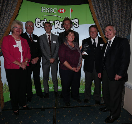 (from left) Debbie Edgington (Surrey Ladies), David Franklin (junior organiser and Tri-Golf coach, Epsom GC), Richard Shaw (Surrey CGP CDO), Alex MacGregor (lead PGA Professional and junior organiser, Addington Court Golf Centre), John Davies (Chairman Surrey CGP), and Mandy Jarvis (volunteer HSBC Golf Roots School Games Co-ordinator) with Golf Foundation past-president Ken Schofield.