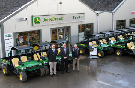 Morris Leslie (centre) with Farol managing director Matthew Vellacott and groundcare sales manager Peter Helps, alongside part of the new John Deere HPX Gator hire fleet.