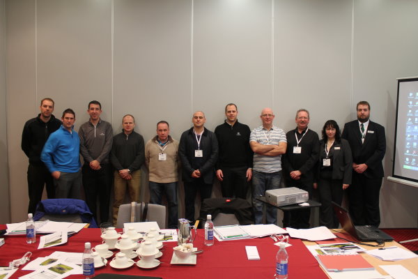 (from left) Steve Robinson, Moortown Golf Club; Pete Newton, Rockliffe Hall Golf Club; Darren Cuddihy, The London Golf Club; Mark Todd, Wildernesse Golf Club; Derek Hunter, Marriott Golf Resorts; James Bird, Pyrford Golf Club; Mike Bush, St Mellion Golf Club; David Bruhlmann, McAlpine Construction; Bill Davison, Gavin Jones Group Landscaping; Dr Ruth Mann, STRI; C Spring, STRI