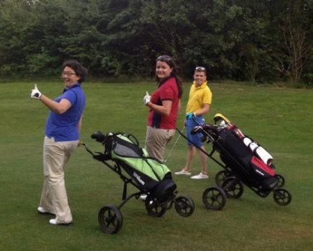 Debra Warren, Heather Thomas and Chris Coles enjoying a round of golf at the Vale of Glamorgan Resort thanks to the new scheme for deaf and hard of hearing players
