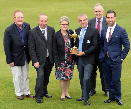 (From left) Richard Hills, European Ryder Cup Director; Paul Moore, Chief Executive – Quarriers; Kathleen Smith, Vice Chairperson - Perth & Kinross Disability Sport; Paul McGinley, European Ryder Cup Captain; Dr James Grant, Chairman - Friends Of St Margaret’s Hospital; Dan Moore, Trustee – The McGinley Foundation