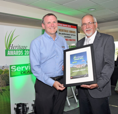 David Withers receives the award for the Ransomes Mastiff from Thomas Holzhueter of sponsor Briggs and Stratton …