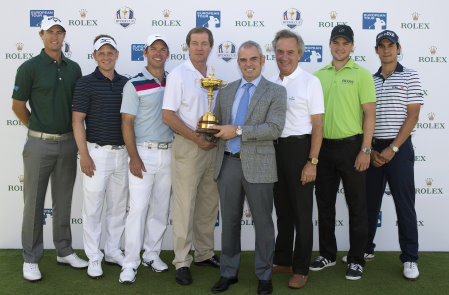 European Ryder Cup Captain, Paul McGinley, with Rolex Ambassadors; Nicolas Colsaerts, Luke Donald, Paul Casey, George O'Grady (Chief Executive, The European Tour), Jean-Noel Bioul (Rolex Communications Senior Advisor), Martin Kaymer and Matteo Manassero at today's historic announcement of the extended partnership between Rolex and The European Tour to 2022. (© Getty Images)