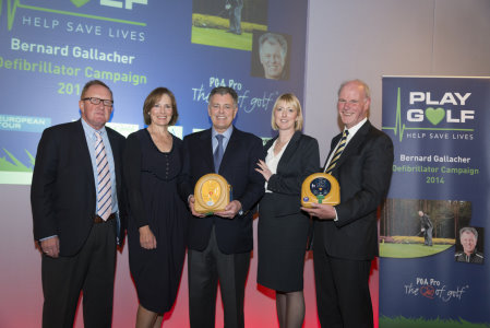 Richard Hills (Ryder Cup Director), Lesley Gallacher, Bernard Gallacher, Jo Jerrome (deputy CEO Arrhythmia) and Sandy Jones (PGA chief executive)