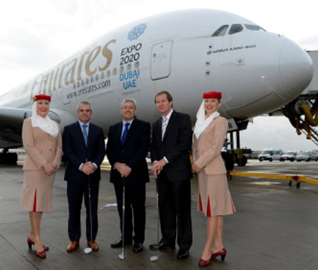 European Tour professional Paul McGinley, Nigel Hopkins, Executive Vice President, Service Departments of Emirates Group and George O'Grady, Chief Executive of The European Tour, are flanked by Emirates Cabin Crew at the announcement of Emirates becoming the Official Airline of The European Tour in addition to increasing their European portfolio over the next four years.