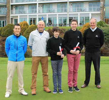 (from left) PGA Teaching Professional Jason Avery; Junior Organiser Paul Giles; new Scholarship pupils Alex Swabey and Jack Lambert; Club Captain Robin Hancock