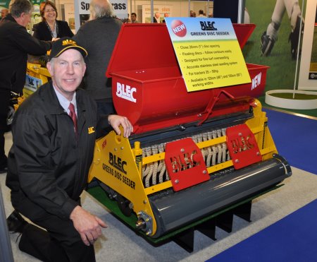 BLEC Global managing director Gary Mumby with the new close-spaced greens seeder launched at BTME.