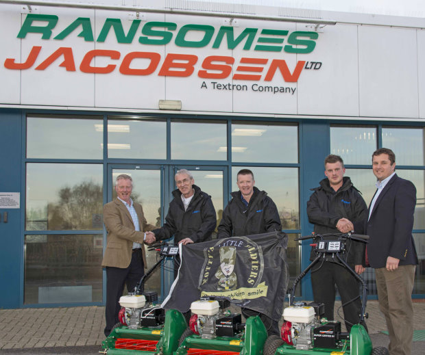 Ransomes Jacobsen directors Richard Comely (far left) and Rupert Price (far right) congratulate Stuart Johnson, Gordon Irvine and Tim Johnson at the start of their 207-mile walk to Harrogate