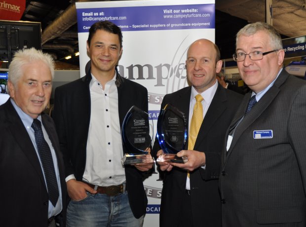 Campey dealers of the year Mark Trubenbacher of Germany (centre left- European award) and Sandy Armit of Double A (UK award )with David Briggs (left) and md Richard Campey at BTME 