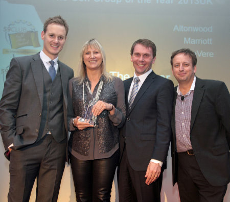 Director of Golf, Spa & Leisure Operations Alison Ainsworth Picks up the Golf Group of the Year award
Left to right: Dan Walker (Host), Alison Ainsworth (Marriott), Robert Maxfield (commercial and property director at PGA) and Simon Wordsworth (chief executive at 59Club).
