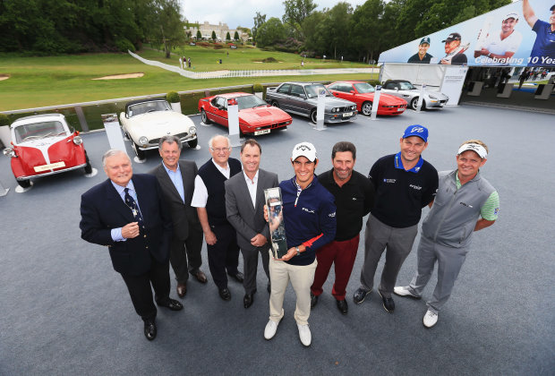 Former PGA Championship winners (L-R) Peter Alliss, Bernard Gallacher, Neil Coles, Paul Way, Matteo Manassero, Jose Maria Olazabal, David Howell and Luke Donald celebrate 60 years of the PGA Championship (copyright Getty Images)