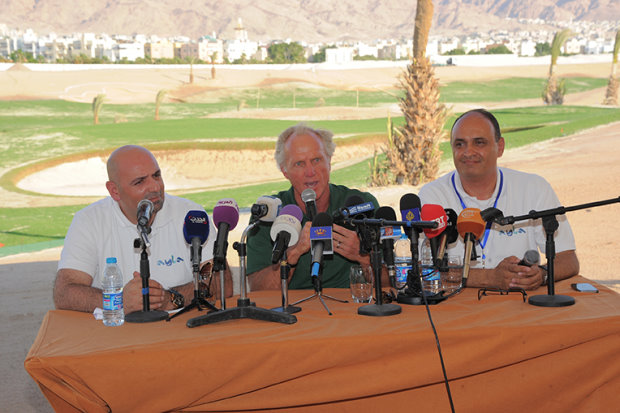 Greg Norman, centre, with Dr. Abed Al Razzaq Arabiyat, CEO, Jordan Tourism Board (left) and Sahl Dudin, Managing Director of Ayla Oasis Development Company, the master developer of Ayla (right)