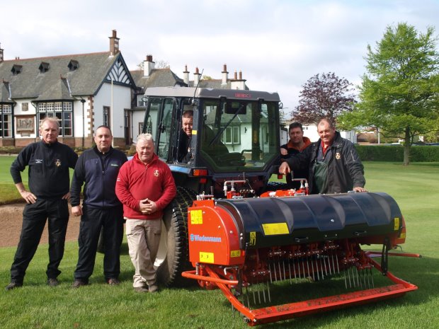 The team at The Royal Burgess Golfing Society with their new Wiedenmann Terra Spike GXi 8HD aerator (left- right) Frank Forrest, Deputy Head Greenkeeper; Stephen Muir, Area Sales Manager, Wiedenmann UK’s Scottish  dealer Fairways GM;Chris Yeaman, Head Greenkeeper; Gordon Irving, Assistant Greenkeeper, Alan Smith, Assistant Greenkeeper; Stuart Harley, Mechanic/Greenkeeper