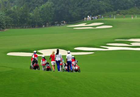Players during Mixed Team Round 3 of golf at Nanjing 2014 Youth Olympic Games in Nanjing, capital of east China's Jiangsu Province, on August 26, 2014.