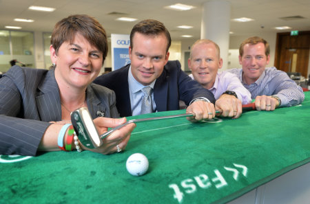 (from left) Arlene Foster, Minister for NI (Department of Enterprise Trade and Investment; Mike McCarley, President of the Golf Channel; Rory Smith – VP of Technology; Brian Smith – VP of Sales