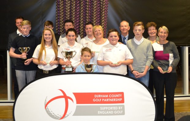 Award winners line up at the Durham County Golf Partnership’s second Development Awards evening