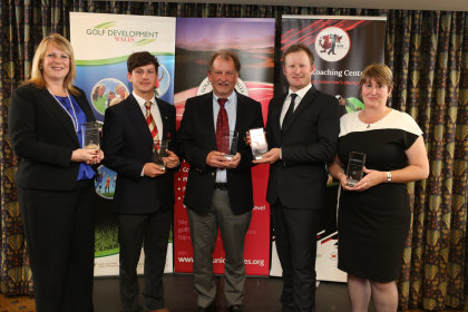 Golf Union of Wales Awards (from left) Nicola Stroud, Evan Griffiths, Jamie Donaldson, Tenby captain Richard Ormond and Grace Roberts