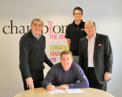 Paul Broadhurst signs with Champions UK plc CEO John Hayes far right, Champions of Golf Manager Lloyd Bailey second from the right and long term Champions celebrity client England’s most capped player of all time Peter Shilton OBE