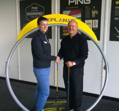PGA Master Professional and inventor of the Explanar Luther Blacklock presents the first Explanar prize to Sophie Daws, PGA Assistant Professional at Etchinghill Golf Club