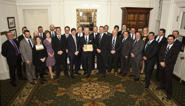 Golf Course and Club Managers and BGL Golf Chief Executive, Colin Mayes with Jonathan Smith, GEO Chief Executive and Kelli Jerome, GEO Managing Director at Celebration Dinner at Burhill Golf Club