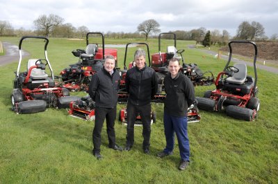 Club owner Andrew Vaughan (centre), with course manager Matt Shimwell (right) and Peter McGreevy from Cheshire Turf Machinery, standing with High Legh Park Golf Club’s new Toro fleet