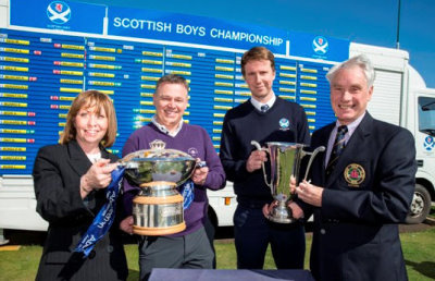 (from left) Angela Leitch Chief Executive East Lothian Council; Jacky Montgomery Director of Golf Dunbar Golf Club; Daniel Sommerville Events Manager, SGU; and Gael Pollitt Captain Dunbar Golf Club