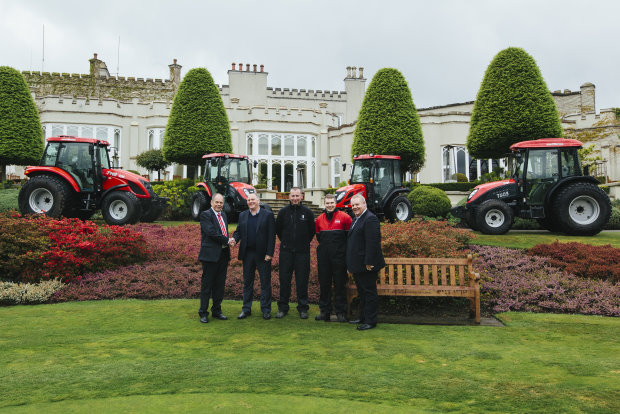 (from left) Jeff Anguige, Lely UK, Kenny MacKay, course manager and golf director, Nikki MacLennan, head mechanic, Gavin Sinclair, assistant mechanic and Trevor Chard, Lely UK, with the Wentworth’s new TYMs
