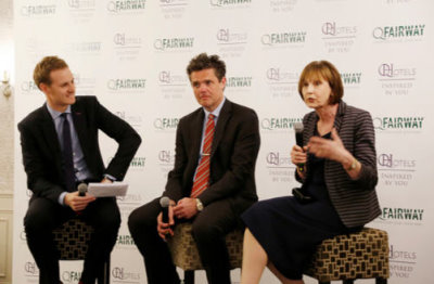 QHotels' director of hotel operations, Vivien Sirotkin, and group director of golf, John Angus, with BBC sports presenter Dan Walker (left)