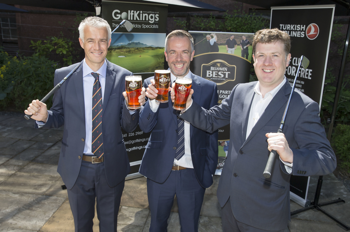 Pictured at the announcement were Ross Duncan (SGU Marketing & Sponsorship Manager) Graham Baird (Sales Director, Belhaven) and Neil McRae (GolfKings) 
(Kenny Smith, Kenny Smith Photography)