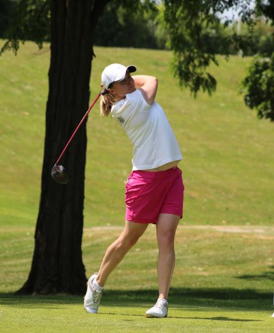 Kym Larratt, currently lying second in the LETAS order of merit, in action at the Stoke by Nayland Hotel, Golf & Spa – viewed from the challenging 18th tee Gainsborough course