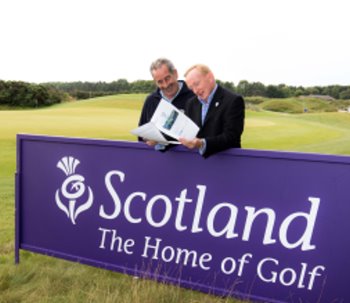 Visit Scotland Chairman Mike Cantlay and 2014 European Ryder Cup Vice Captain Sam Torrance launch the 2014 Ryder Cup Economic Benefits Study during Prostate Cancer UK Scottish Seniors Golf at Archerfield, East Lothian, Scotland : Picture Stuart Adams, www.golftourimages.com: 8-Jul-15