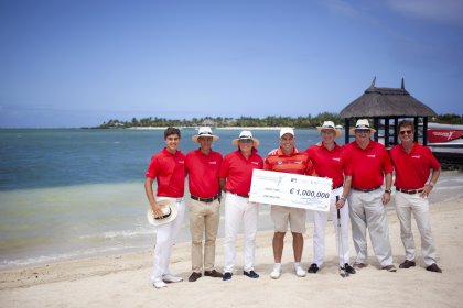 (from left) Ludovic Bax, Mauritius Amateur Golfer & Invitational Tournament player; Christophe Curé, President of the Mauritius Golf Federation; Arnaud Martin, Chairman, Mauritius Tourism Promotion Authority; Hennie Otto, AfrAsia Bank Global Brand Ambassador, Anahita Ambassador & Sunshine Tour professional; James Benoit, CEO of AfrAsia Bank (main sponsor); Grant Wilson (COO of the Sunshine Tour, representing the Sunshine, European and Asian tours); and Jean-Pierre Dalais - Executive Director, CIEL (Anahita Mauritius).
