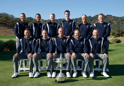 Captain Jon Bevan poses with his Great Britain & Ireland team prior to the start of the 27th PGA Cup at CordeValle on September 16, 2015 in San Martin, California. (Photo by Scott Halleran/Getty Images)