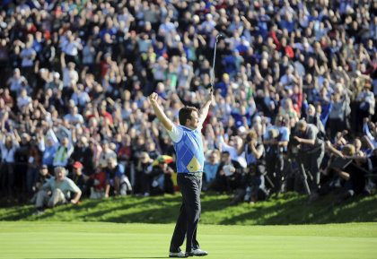 European Graeme McDowell celebrates putting on the 16th. Ryder Cup 2010 - Day 4 - 4th October 2010 - Celtic Manor Resort   (Ian Cook - Sportingwales0