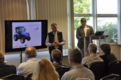 Product Manager Richard Tyrrell and Sales Manager John Quinton address the dealer group on the latest Iseki mowing equipment