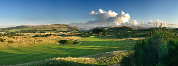 Taken from right ridge on 2nd hole of PGA Centenary Course, The Gleneagles Hotle, Scotland. Shows fairway towards green (centre distance). Glen Devon in background