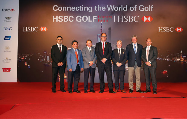 (from left) HE Aref Al Awani (General Secretary of Abu Dhabi Sports Council); Kyi Hla Han (Chairman of The Asian Tour); Tim Finchem (US PGA Tour Commissioner); Giles Morgan (Global Head of Sponsorship and Events, HSBC); Keith Pelley (European Tour Chief Executive); Martin Slumbers (Chief Executive of the R&A); and Guy Kinnings (Global Head of Golf at IMG)  (Photo by Andrew Redington/Getty Images) 