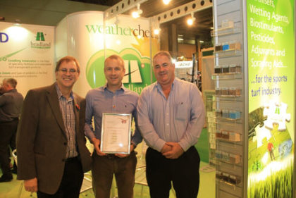  from left: Tony Evans of PAN Publicity, Alex Hawkes, Sportsturf Manager Headland Amenity Ltd and Andy Russell, Sales & Marketing Director, Headland Amenity Ltd