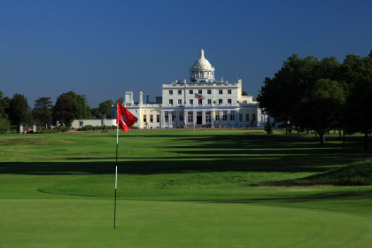 The par 5, 1st green looking back down the hole to the clubhouse and hotel at Stoke Park, on June 4, in Stoke Park  (Photo by David Cannon/Getty Images)