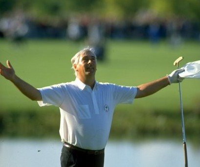 1989: European team member Christy O''Connor Junior seals their victory by beating Fred Couples of the USA during the Ryder Cup at The Belfry golf Club in Sutton Coldfield, England. The event finished in a 14-14 draw which was enough for Europe to retainthe trophy. Mandatory Credit: Simon Bruty/Allsport