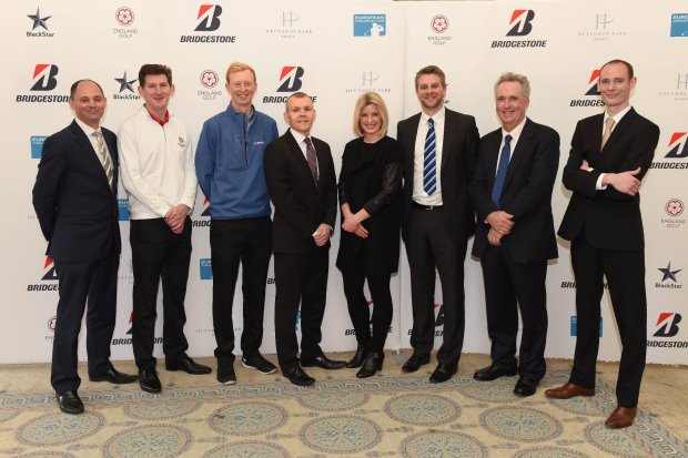 (from left) Heythrop Park resort director Paul Russell, England Golf performance director Stephen Burnett, Challenge Tour star Jimmy Mullen, Bridgestone’s consumer sales and marketing director Farrell Dolan, Sky Sports presenter Sarah Stirk, European Tour commercial manager Mark Aspland, Black Star Golf director Jeremy Robinson and Bridgestone’s consumer marketing manager Wim Belckx were on hand to announce Bridgestone’s huge golf sponsorship plans at Heythrop Park
